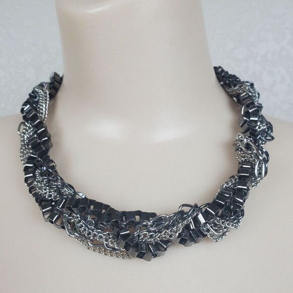 Bonnie Jonas Mixed Metal Gunmetal Silver Tone Twisted Chunky Chain Link Necklace - Picture 1 of 15